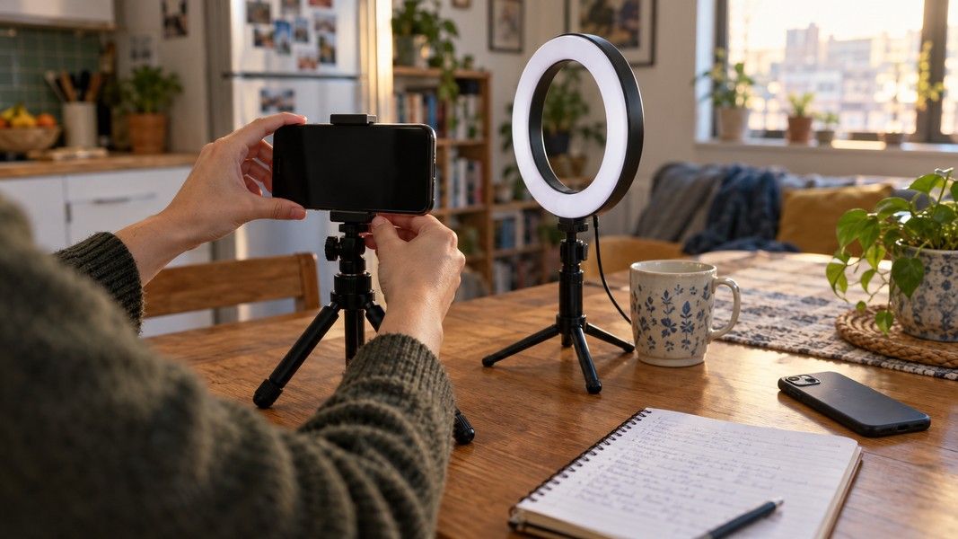A phone on a small tripod beside a ring light on a kitchen table, with a person's hands adjusting the phone.