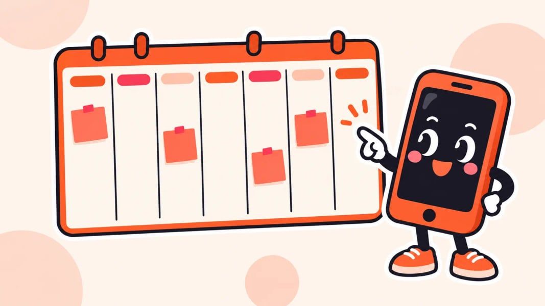 A cartoon phone pointing at a weekly planner with evenly spaced sticky notes