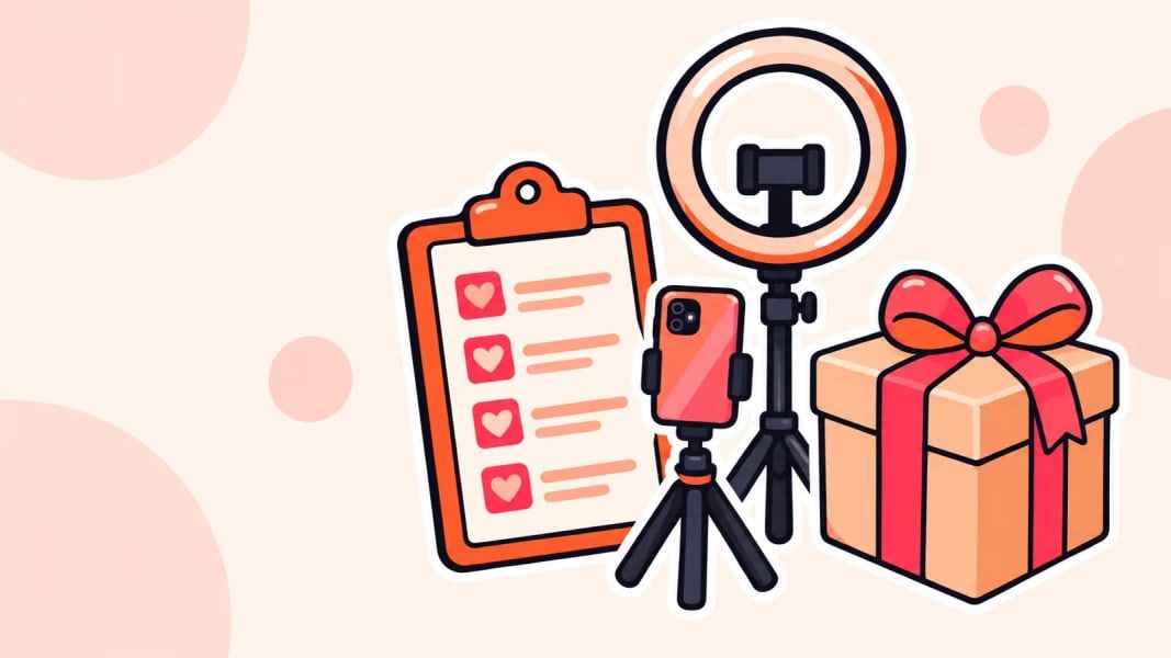 A creator kit with a checklist clipboard, a ring light, a phone on a tripod and a package
