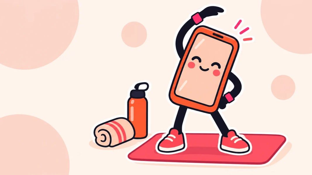 A cartoon phone stretching on an exercise mat before a workout