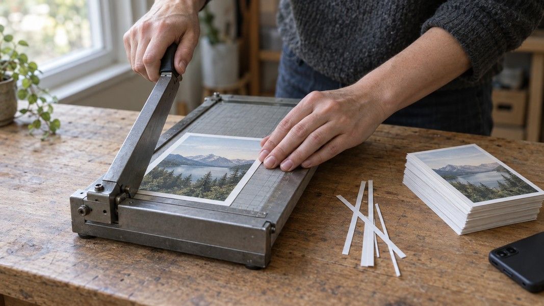 Hands trimming a printed photo on a guillotine paper trimmer, with thin paper offcuts and a stack of trimmed prints beside it