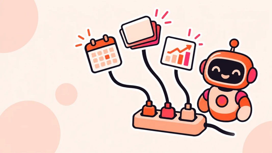 A friendly robot connected through a power strip to a calendar, a stack of slide cards and a chart