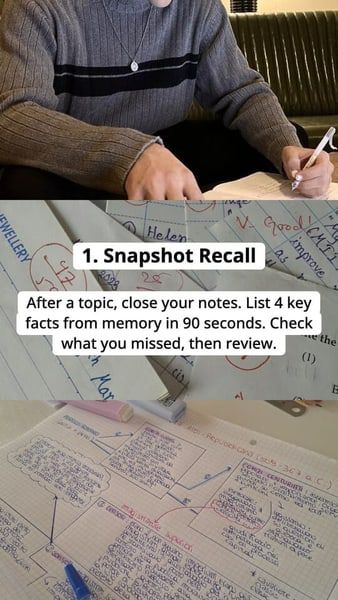 A numbered tip slide titled 1. Snapshot Recall with a one-line explanation over photos of study notes