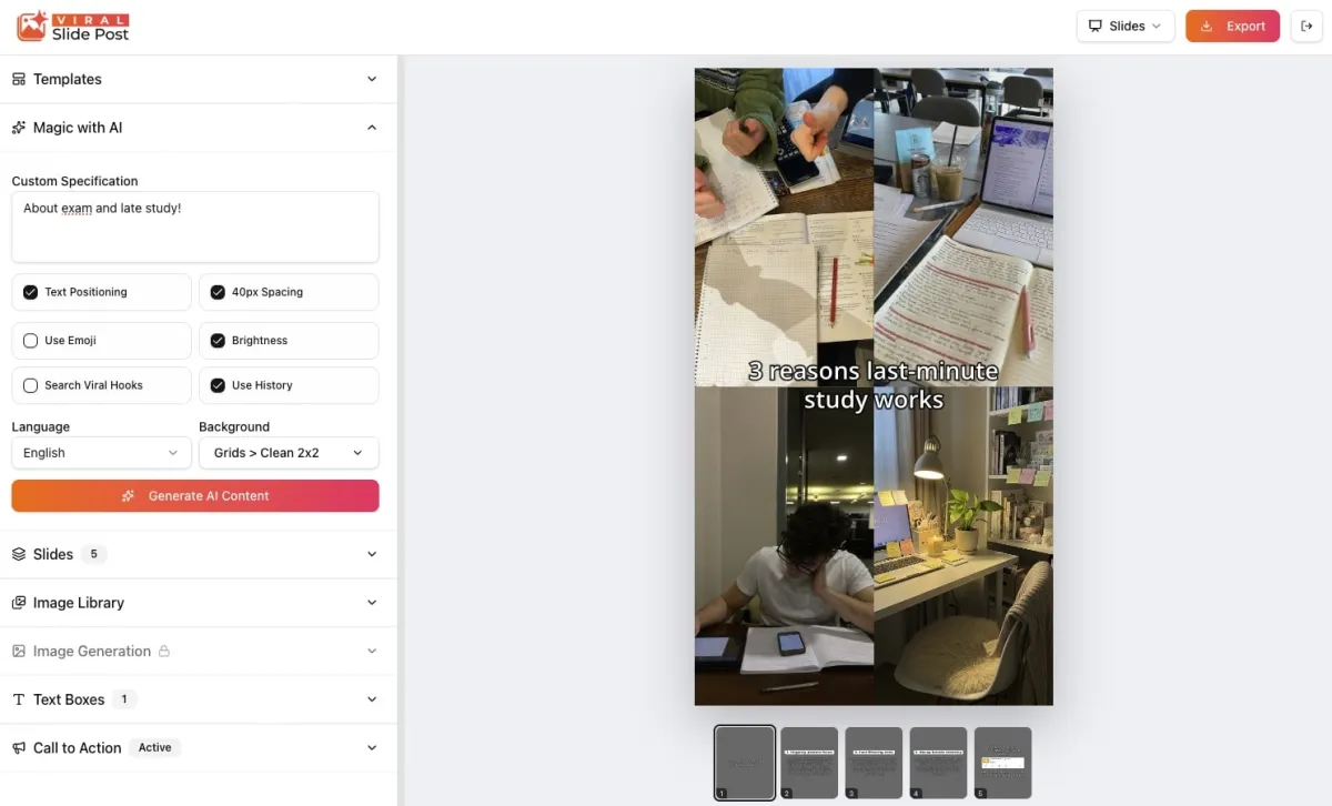The editor generating slides with AI from a topic